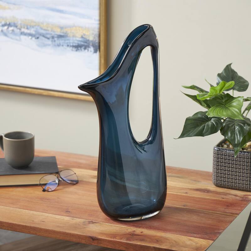 Glass Abstract Decorative Vase with Cutout Handle and Elongated Opening - Blue - Roche River Decor