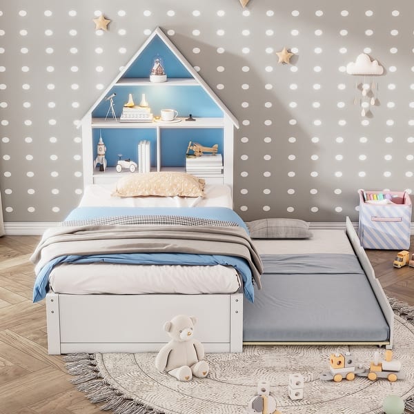 slide 2 of 9, White+Blue Twin Size Wood House-Shaped Bed with Bookcase Headboard and Led Light and Trundle for Kids Boys Girls Twin - White+Blue