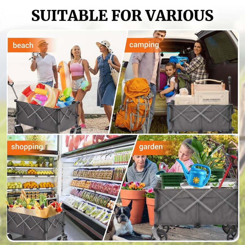 400L Collapsible Wagon, Folding Wagon Cart , Beach Wagon with Big Wheels, 450LB Heavy Duty Foldable Wagon