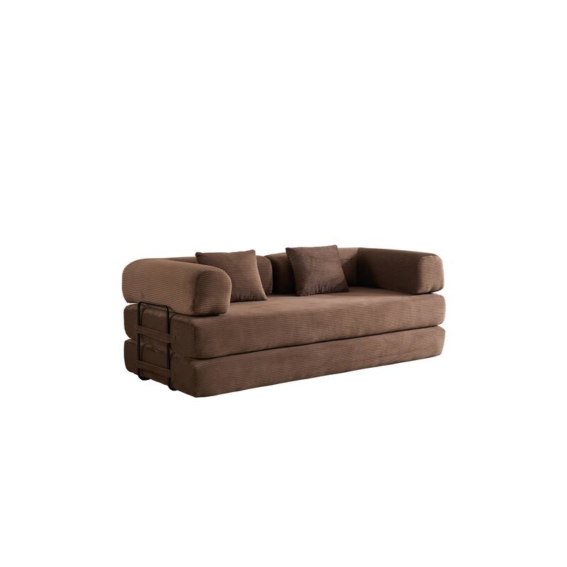 Convertible Sleeper Sofa Bed with Cylindrical Pillow, Corduroy Folding Mattress Couch with Fixed-Shape Frame