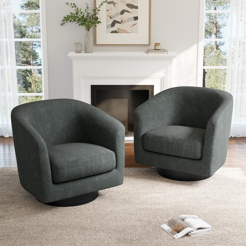 2 Set Chenille Swivel Barrel Chairs Upholstered Armchairs For Living Room