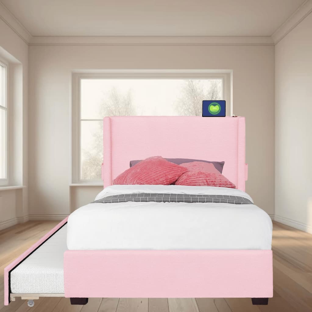 Twin Size Upholstered Platform Bed Frame with Trundle Bed, Boucle Fabric, USB and Pocket Storage, Perfect for Small Bedrooms