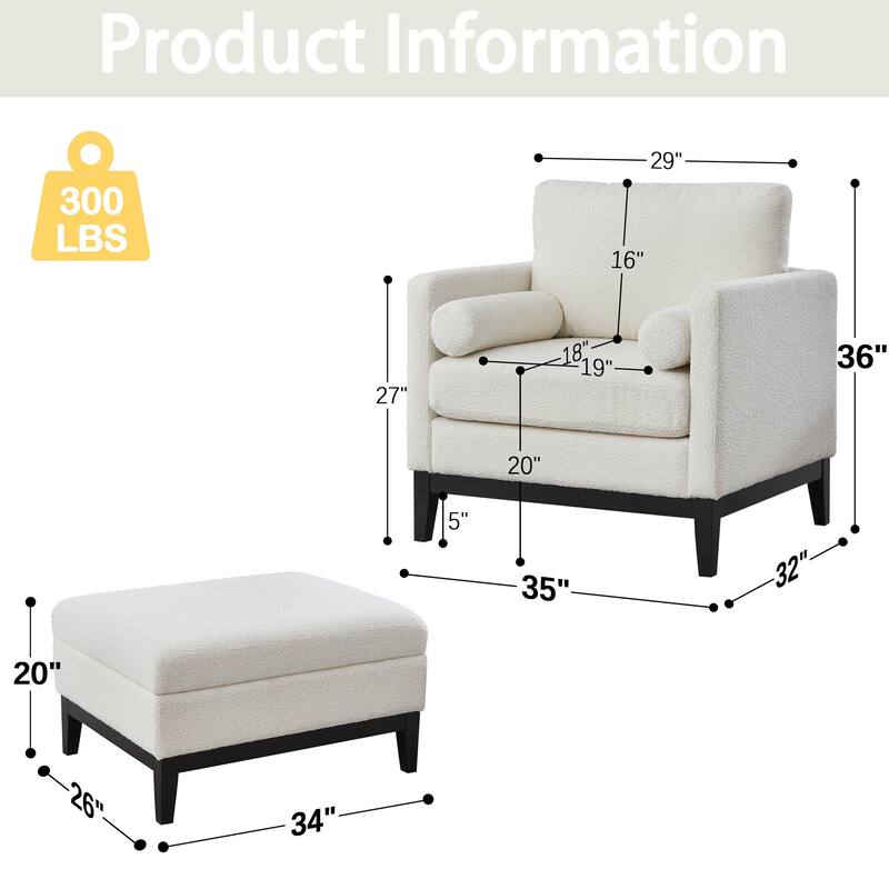 35" Farmhouse Style Boucle Single Sofa Accent Chair with Storage Footstool, Natural Wood Legs for Living Room, Office