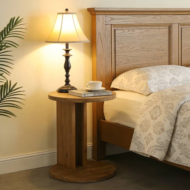 19.68" Round C-Shaped Solid Wood Nightstand