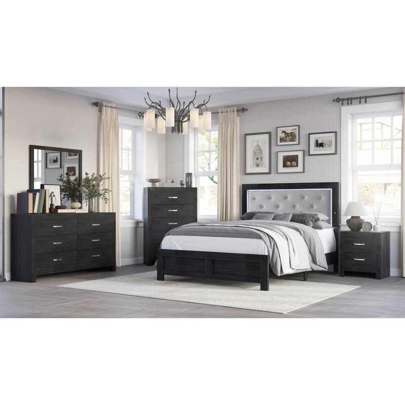 1pc Modern King Panel Bed with Headboard Lighting Black Finish Faux Leather Gray Upholstery Button Tufted