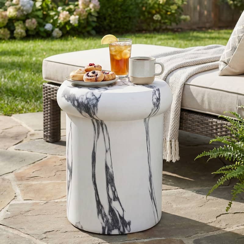 Christopher Knight Home - Lightweight Concrete Sculptural Side Table with Faux Marble Travertine Finish for Indoor & Outdoor - White+Marble