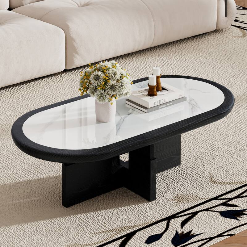Mid Century 47.24" Oval Coffee Table, Black Solid Wood Veneer with White Glossy Sintered Stone Table top