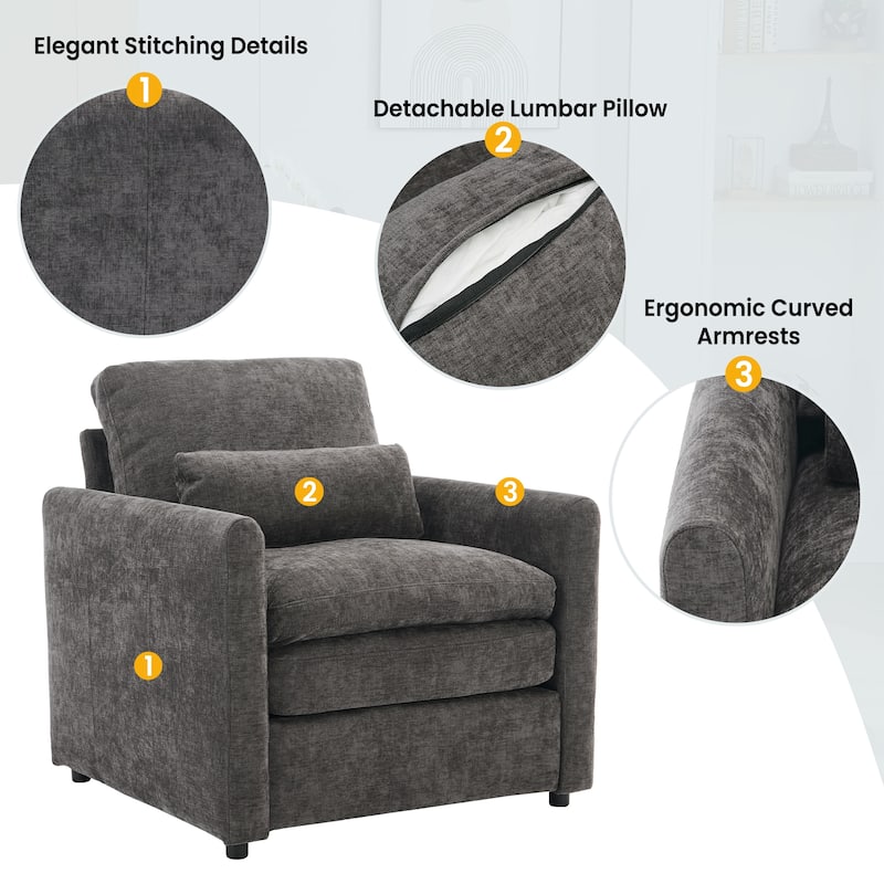 Oversized Chenille Fabric Cloud Sofa, Ergonomic Upholstered Lounge Armchair, Single Sofa Chair with Plush Cushion