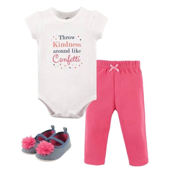 slide 1 of 1, Little Treasure Baby Girl Cotton Bodysuit, Pant and Shoe 3pc Set, Kindness 0-3 Months - Kindness