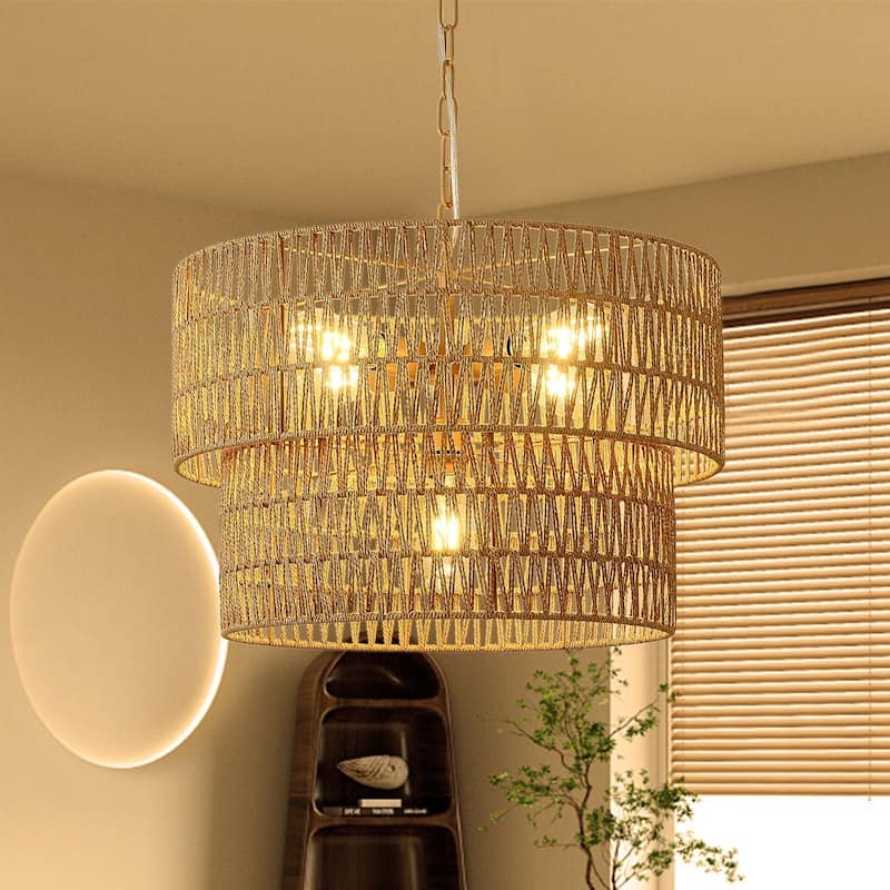 Dimmable 4 - Light Hand - Woven Bohemian Drum Chandelier - Walnut