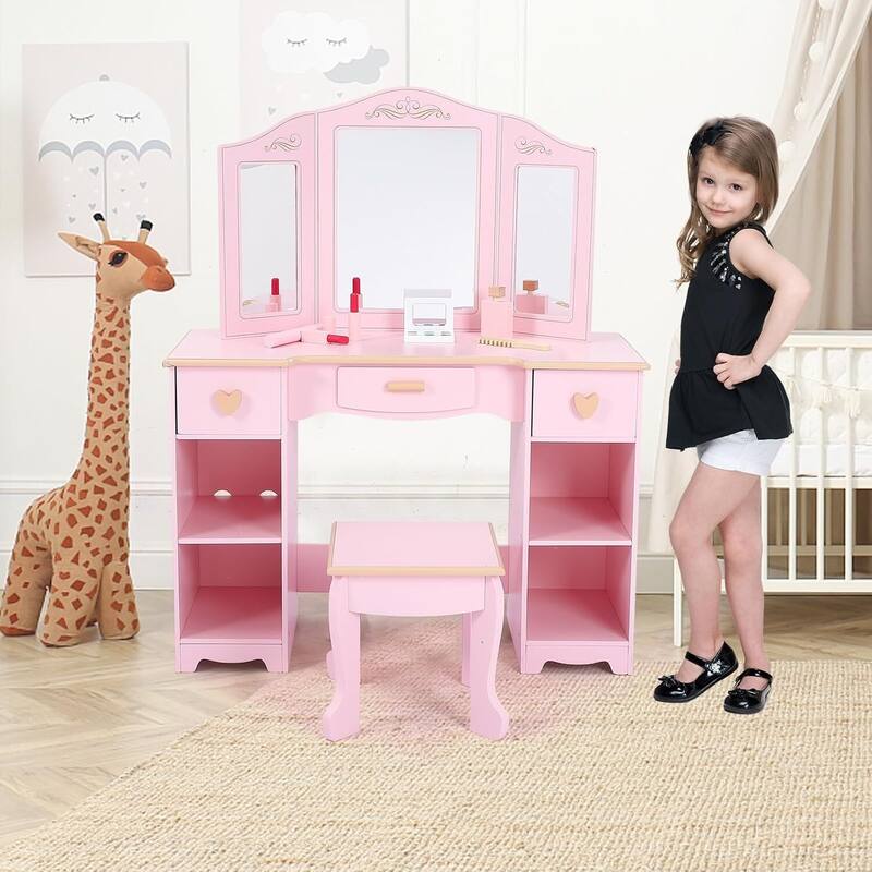 Kids Princess Luxury Vanity Dressing Table and Stool Set for Girls Best Gift, Pink
