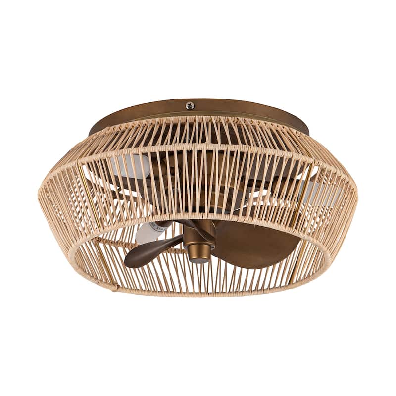 13.5" Coastal Rattan Brushed Bronze Cage Flush Mount Ceiling Fan with Lights