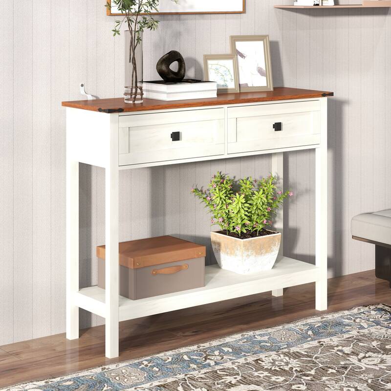 Farmhouse Style Console Table with 2 Drawer and Bottom Storage Shelf