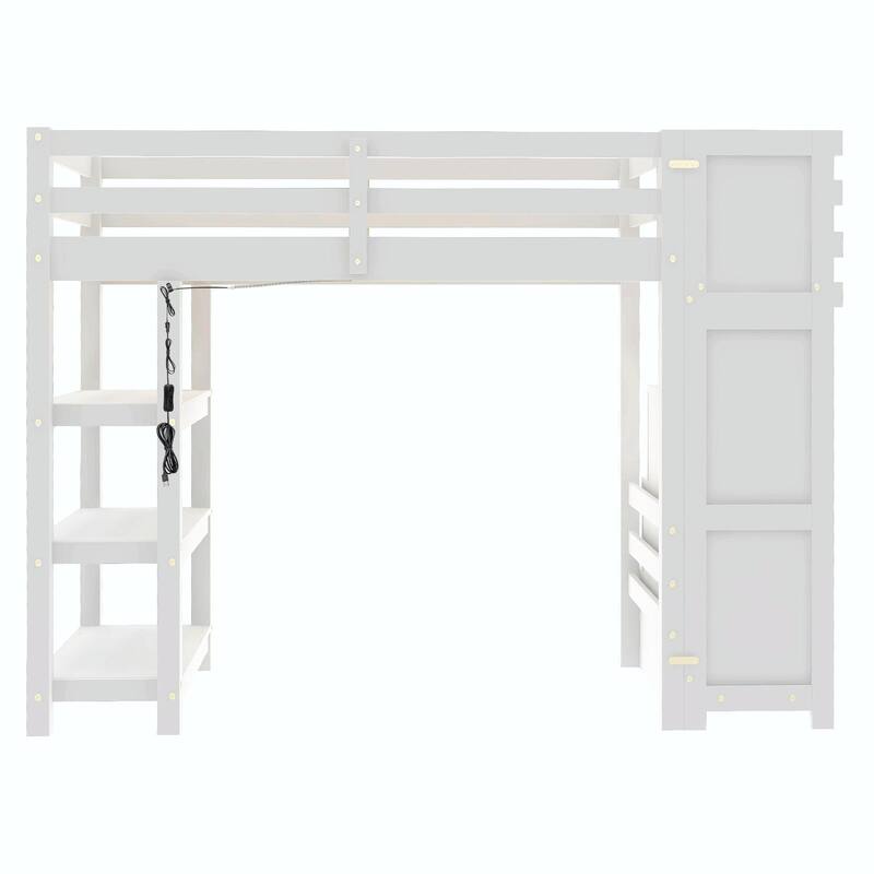 Loft Bed with Shelves, Storage Staircase, Small Wardrobe & White LED Light
