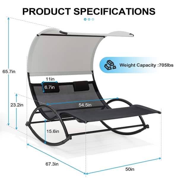 dimension image slide 3 of 5, Outdoor Double Chaise Lounge Chair Rocking Lounger with Sunshade Canopy - 54.5"W*67.3"D*65.7"H