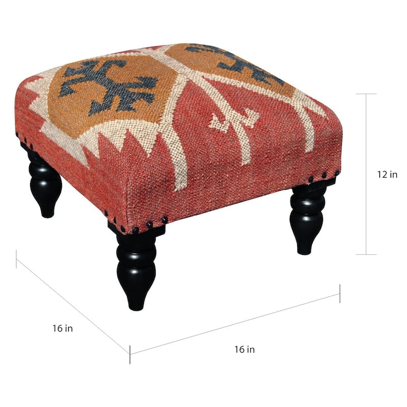 Handmade Tribal Kilim Ottoman Footstool (India) - 16" x 16" x 12"