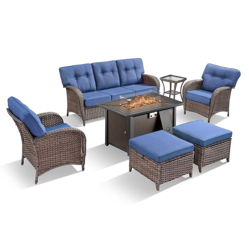 TWrap 7-Piece Wicker Patio Iron Fire Pit Conversation Set with 3-Seat Sofa & Armchairs