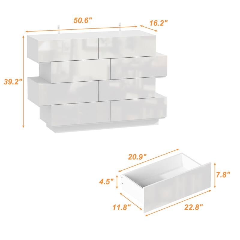 Sleek High Gloss White Eight-Drawer Dresser, Storage Unit Chest