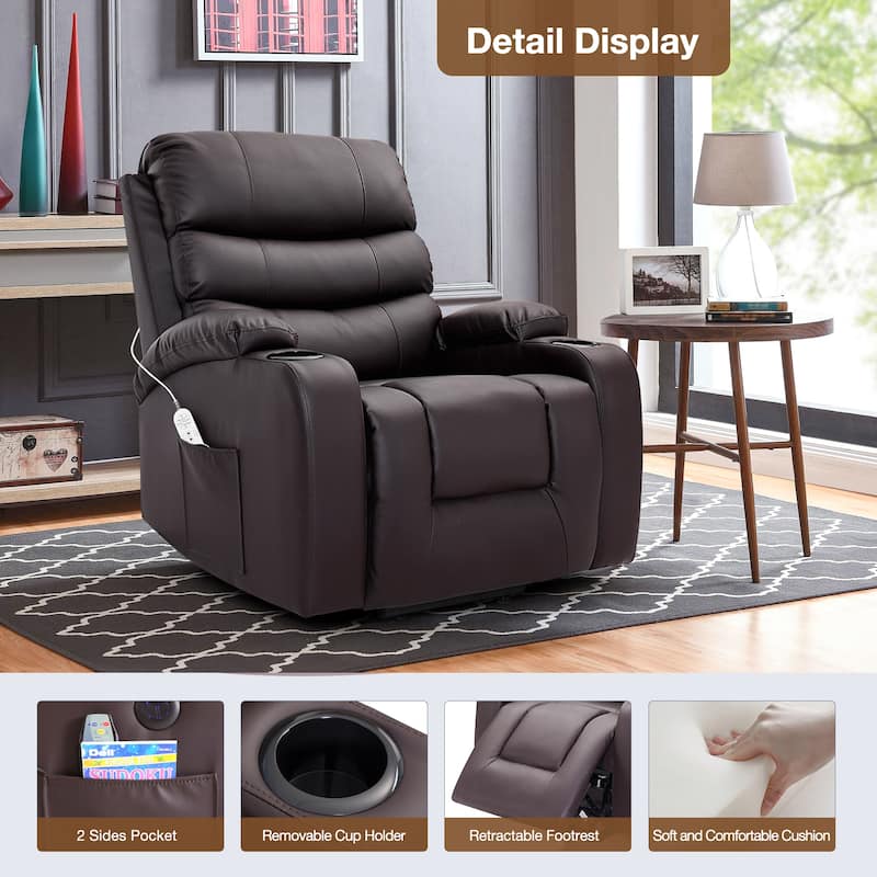 Oversized Power Lift Recliner Chair with Massage & Heat, PU Leather, USB Port, Cup Holders & Pockets