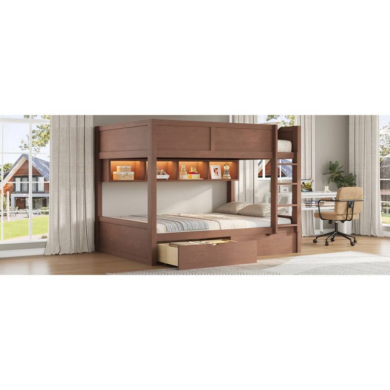 Roomfitters Full XL Over Full XL Bunk Bed with Storage Cabinets, LED Light and Drawers