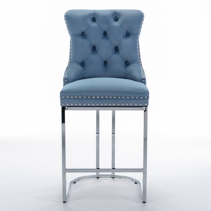 Modern Upholstered Bar Stools with Tufted Backs and Footrest（Set of 2）Blue - Set of 2