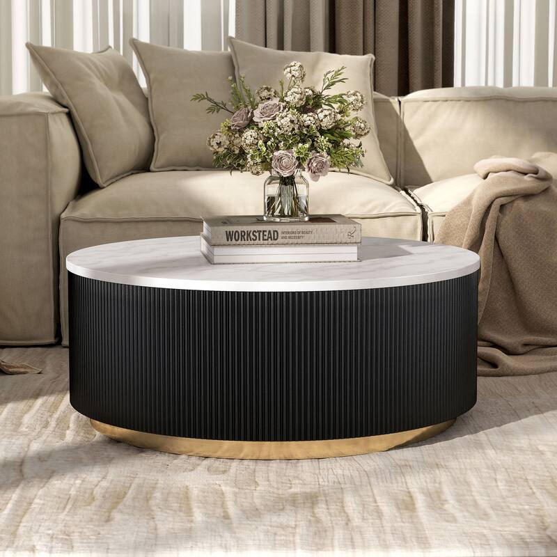 Furniture of America Torin Modern White and Black Genuine Marble Top Round Coffee Table