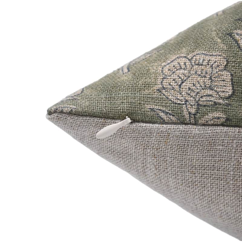 Fabdivine Vintage Floral Throw Pillow Cover for Farmhouse Style Sofa or Bench Green Hand Block Print Thick Linen, Rohini