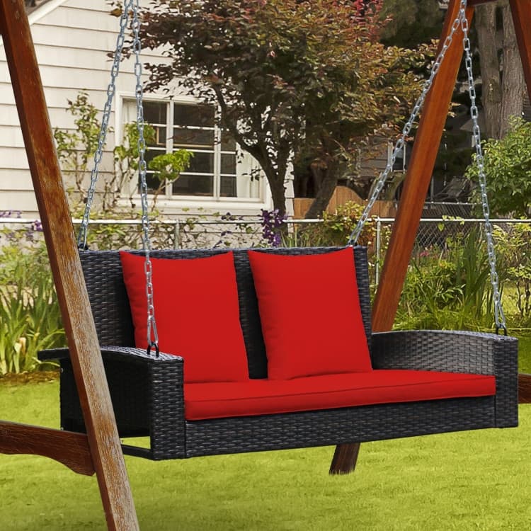 2-Person Wicker Hanging Porch Swing with 2 Back Cushions and 1 Seat Cushion - 50" x 22" x 20.5" (L x W x H)