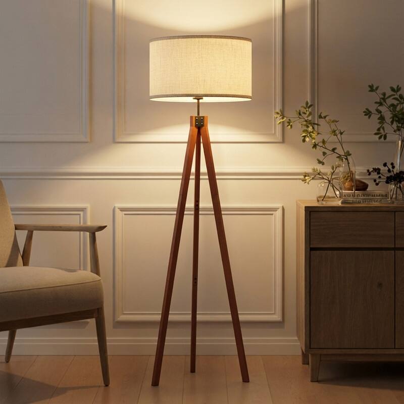 Brightech Eden 58 in. Traditional 3-Way Dimming LED Tripod Floor Lamp with Beige Fabric Drum Shade - Havana Brown