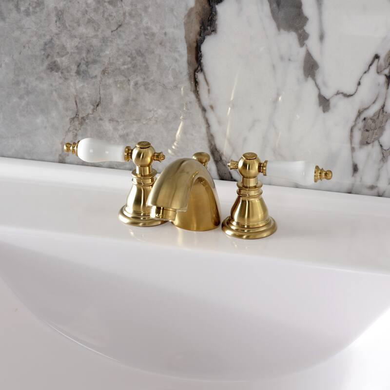 American Patriot Two-Handle 3-Hole Deck Mount Mini-Widespread Bathroom Faucet with Plastic Pop-Up