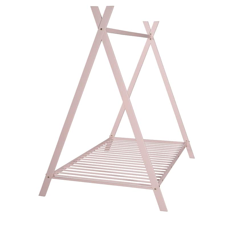 Metal Twin House Bed Frame for Kids, Indoor Tent Bed with Slats and Storage Space, Fun Playhouse Design, No Box Spring Needed