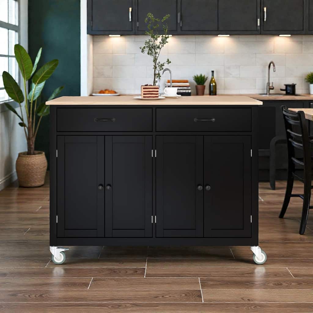 54.3" Kitchen Island Cart with Solid Wood Top, 4 Door Cabinet, Drawers, Spice Rack, Wheels