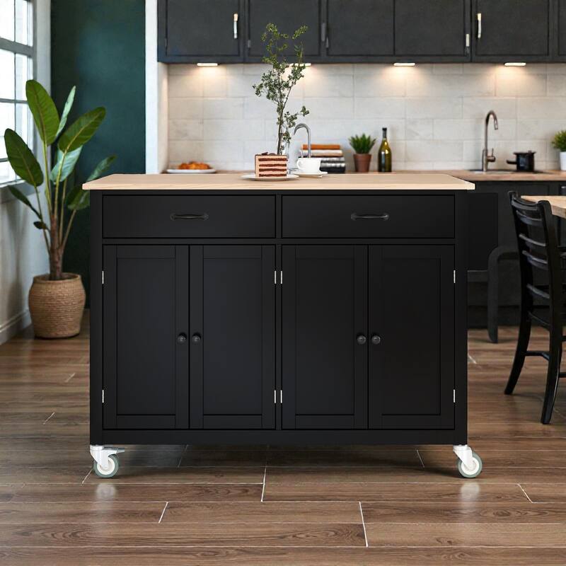 54.3" Kitchen Island Cart with Solid Wood Top, 4 Door Cabinet, Drawers, Spice Rack, Wheels