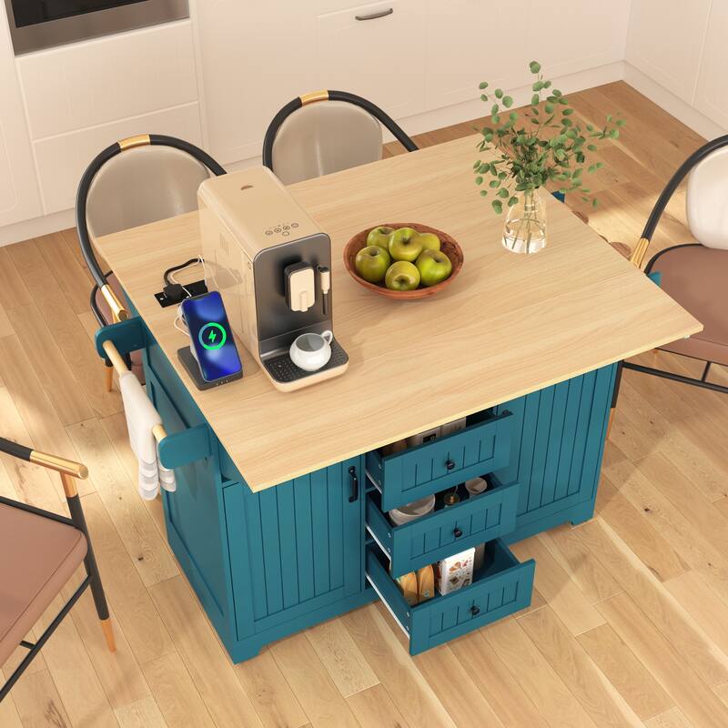 55.7" Large Kitchen Island with 2 Drop Leaf, on 5 Wheels with Power Outlet, Dining Table with Spice Towel Rack, 3 Drawers