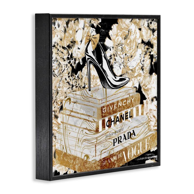 Stupell Fashion Heels and Books Black Gold Designer Details Framed Wall Art,12x12