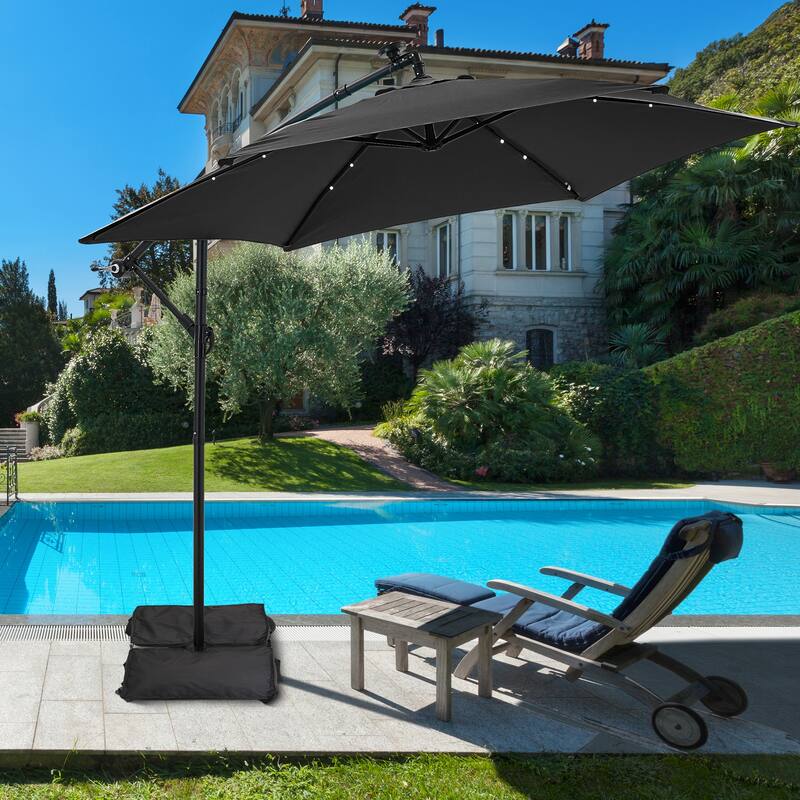 Ainfox 10 ft. Patio Offset Solar LED Umbrellas Cantilever Outside Umbrellas with Base