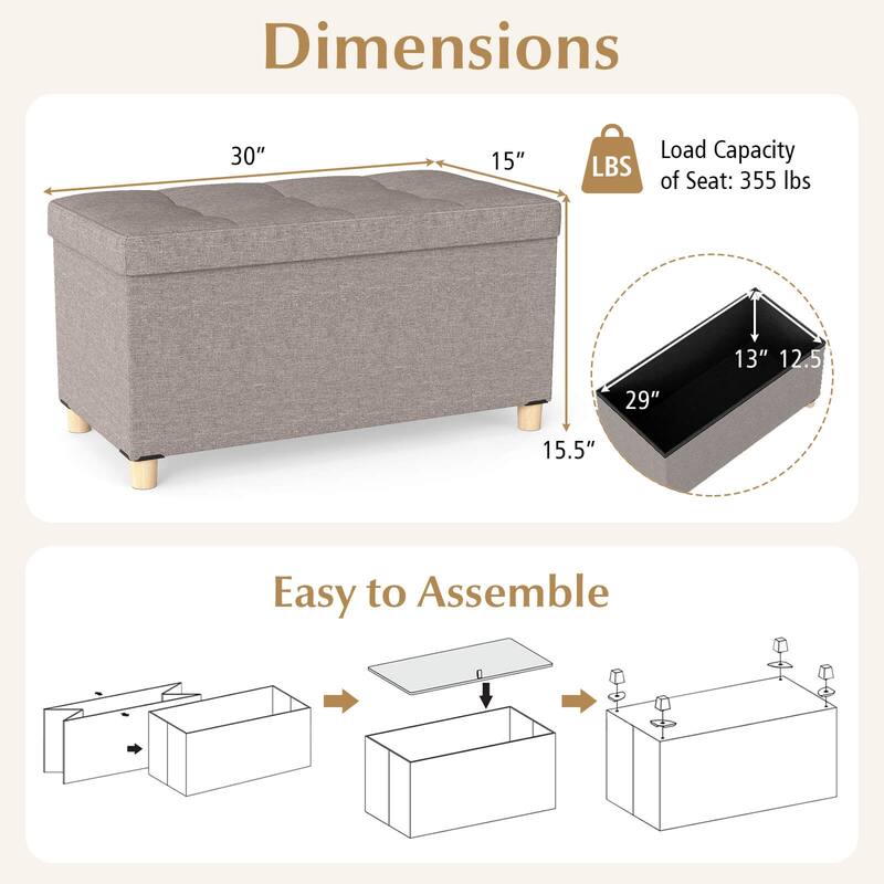 Costway 1/2 PCS 30” Storage Ottoman Bench with Tray Rubber Wood Legs