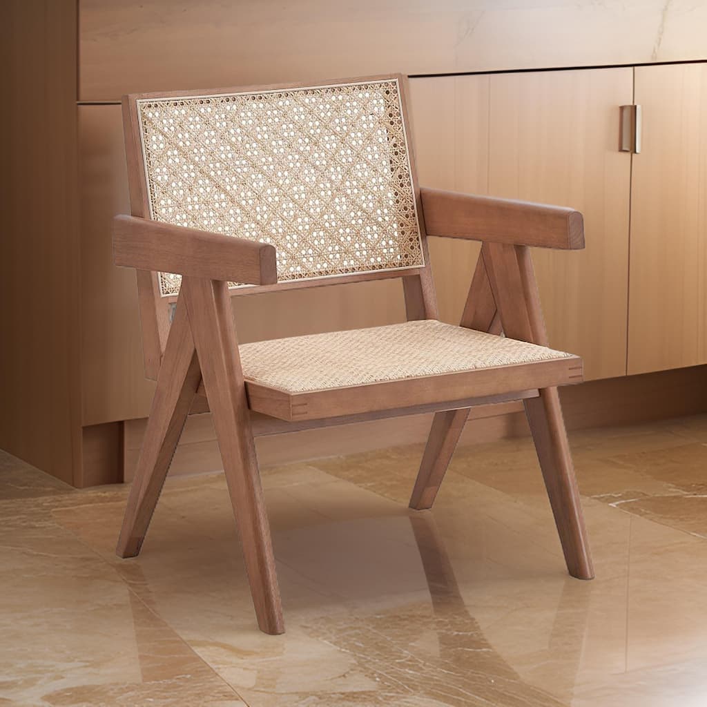 Tina 26 Inch Accent Armchair, Woven Rattan, Natural Brown Wood Finish