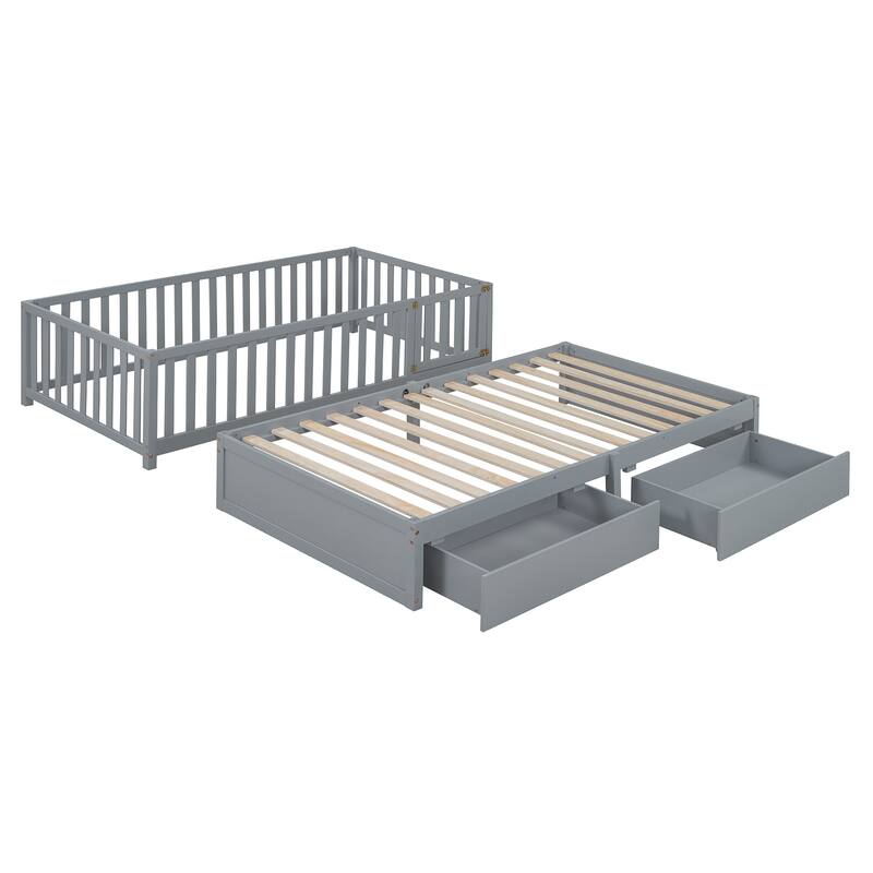 Pine Wood Daybed Floor Bed Frame with Fence Guardrails and 2 Drawers, Converts into Two Individual Beds, No Box Spring Needed