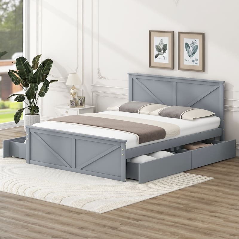 Queen/King Size Wooden Platform Bed with 4 Storage Drawers and Support Legs, Modern Bed Frame with Headboard and Footboard - Grey - Queen