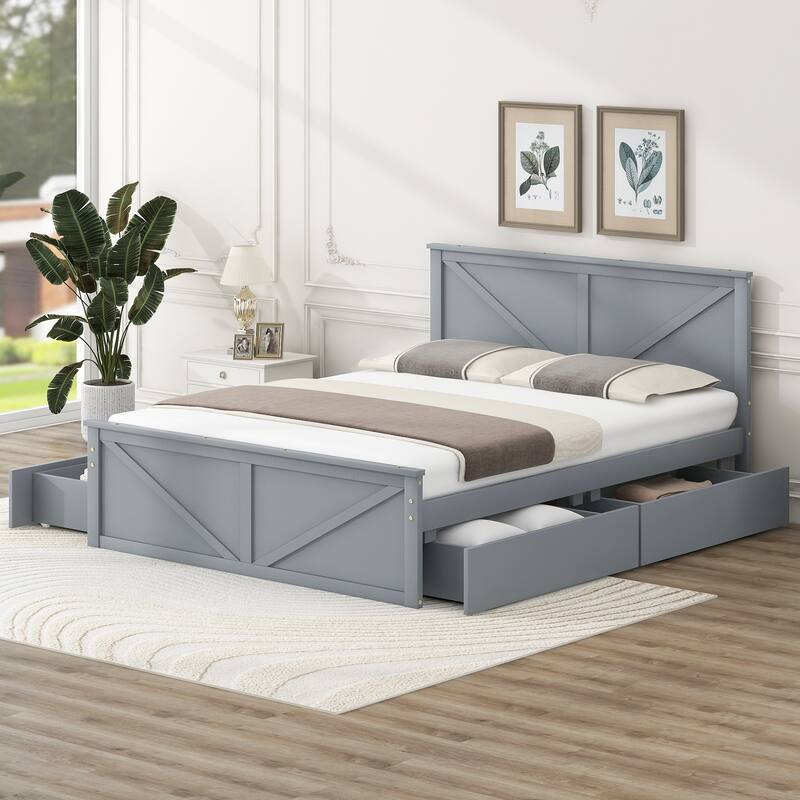 Queen Wooden Platform Bed with 4 Storage Drawers, Headboard, and Support Legs, Durable Pine Wood Frame