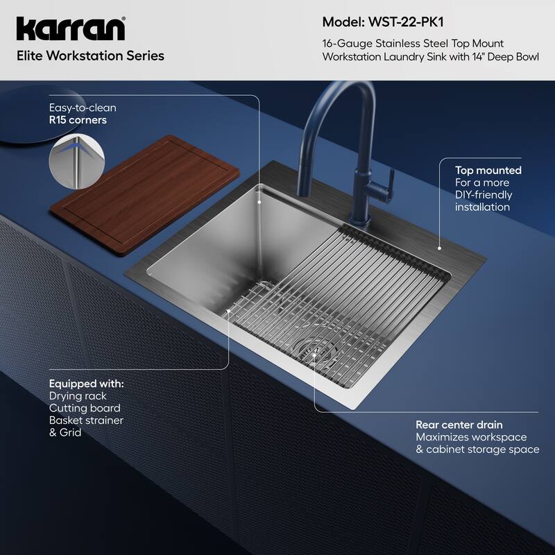 Karran Elite WST-22-PK1 Top Mount 25" Single Bowl Stainless Steel Workstation Kitchen Sink with Deeper Bowl