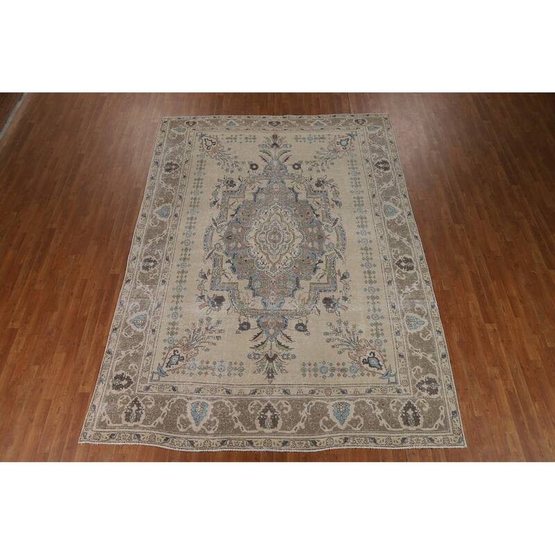 Floral Medallion Tabriz Persian Rug Hand-Knotted Beige Wool Carpet - 8'0"x 11'5"