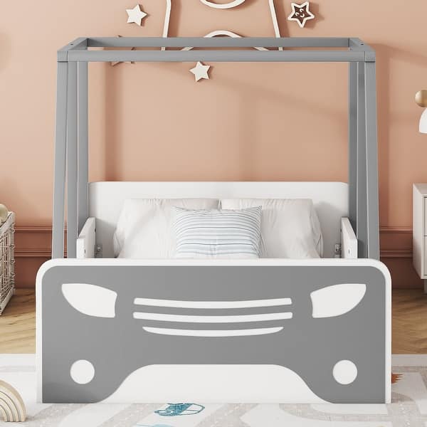 slide 2 of 7, Wooden Twin Car-Shaped Floor Bed-Easy Assembly
