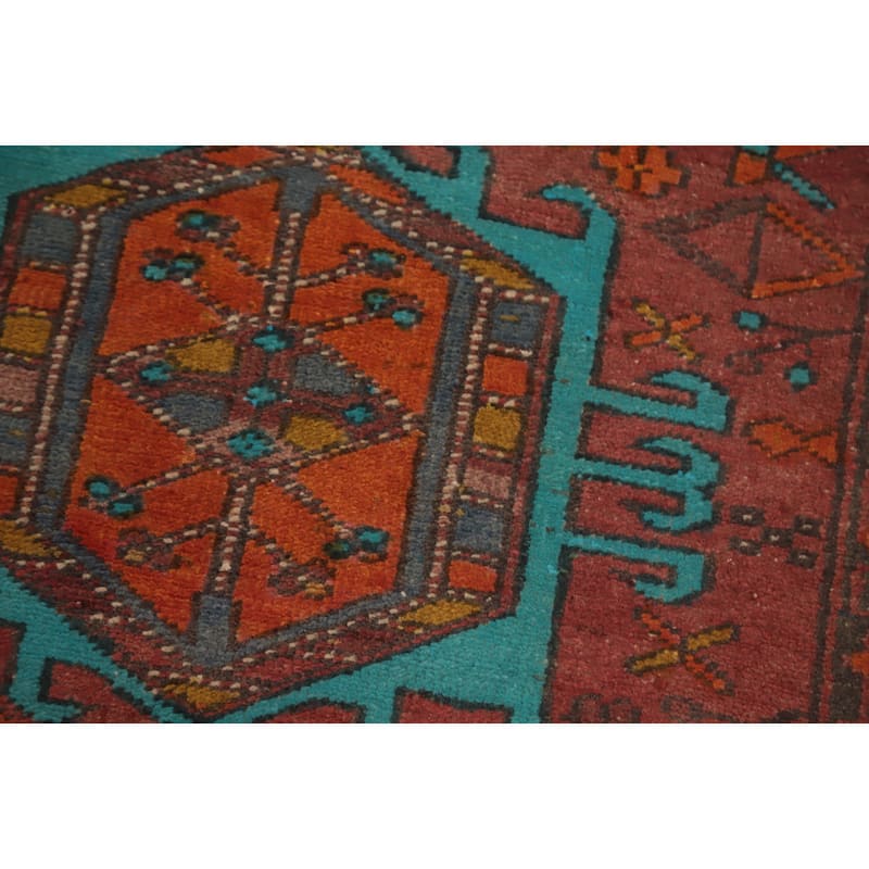 Hand Knotted Oriental 100% Wool Carpet Traditional Geometric Oranges & Rust Heriz Runner Rug - 10' 5'' X 3' 1''