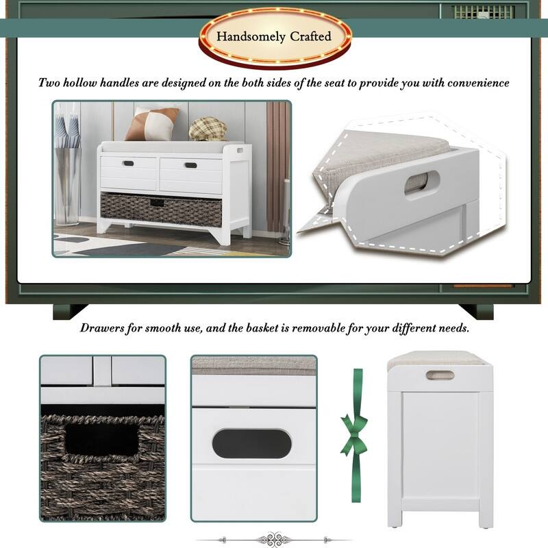 Grondin Retro Framhouse Style Entry Storage Shoe Bench with Padded Cushion, 2 Drawers and Removable Basket