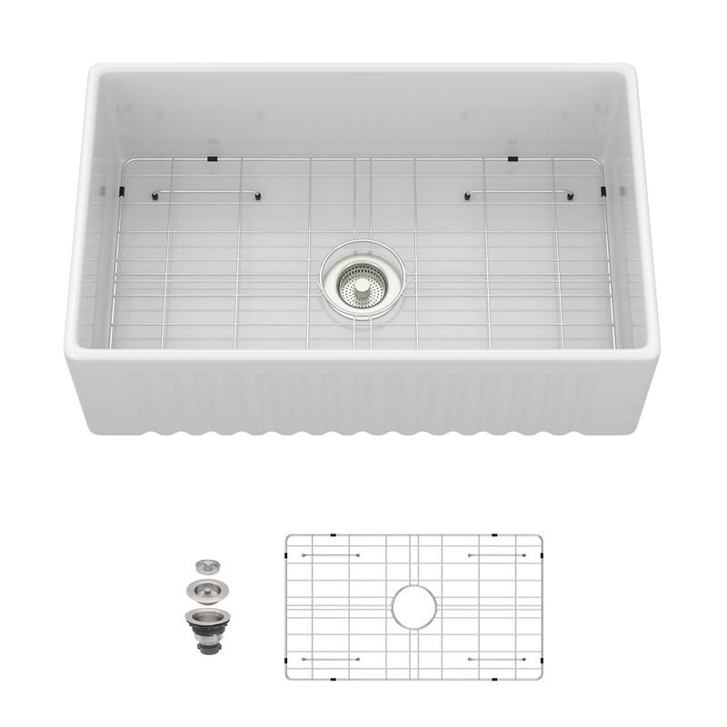30" White Farmhouse Sink - Kitchen Sink Apron-front White Porcelain Ceramic Reversible Single Bowl Kitchen Farm Sinks