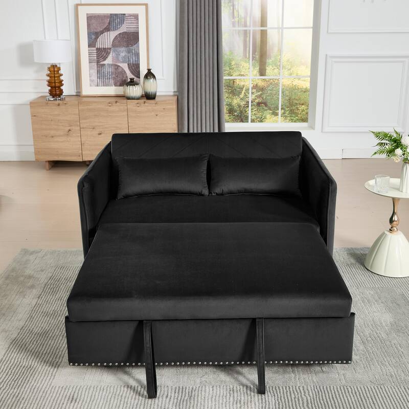 Small Convertible Sofa Bed, 55" Velvet Loveseat Couch with Pull-Out Bed, Pillows, Adjustable Backrest & Side Pockets