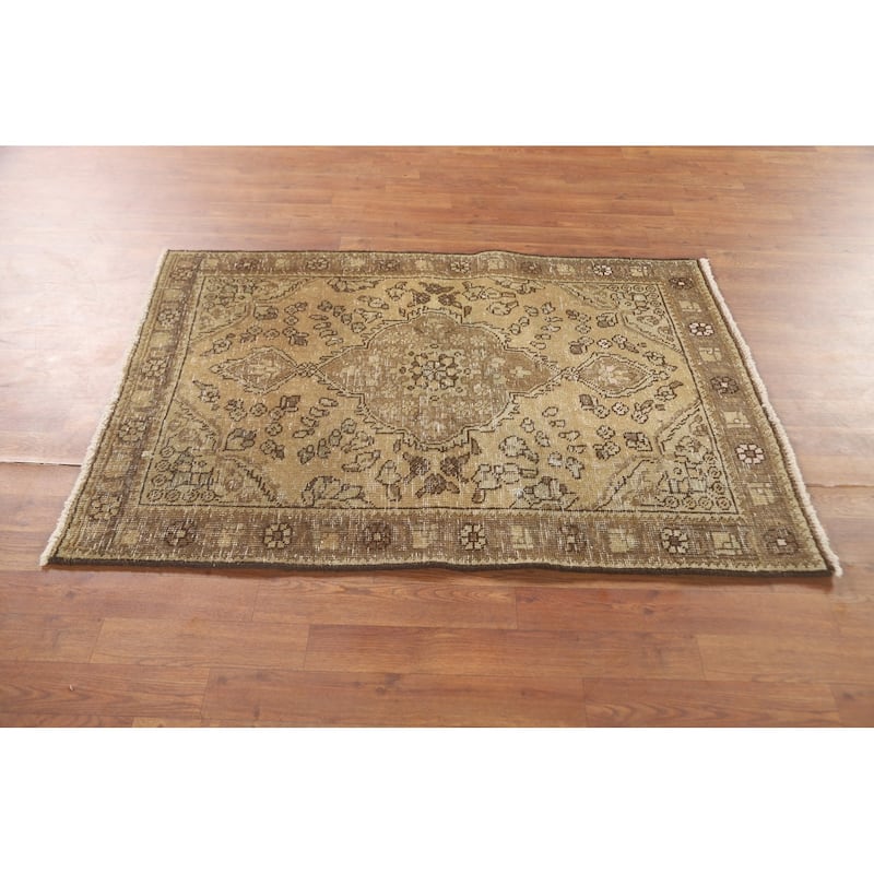 Hand Knotted Oriental 100% Wool Carpet Traditional Medallion Yellow & Gold Tabriz Area Rug - 4' 8'' X 3' 3''