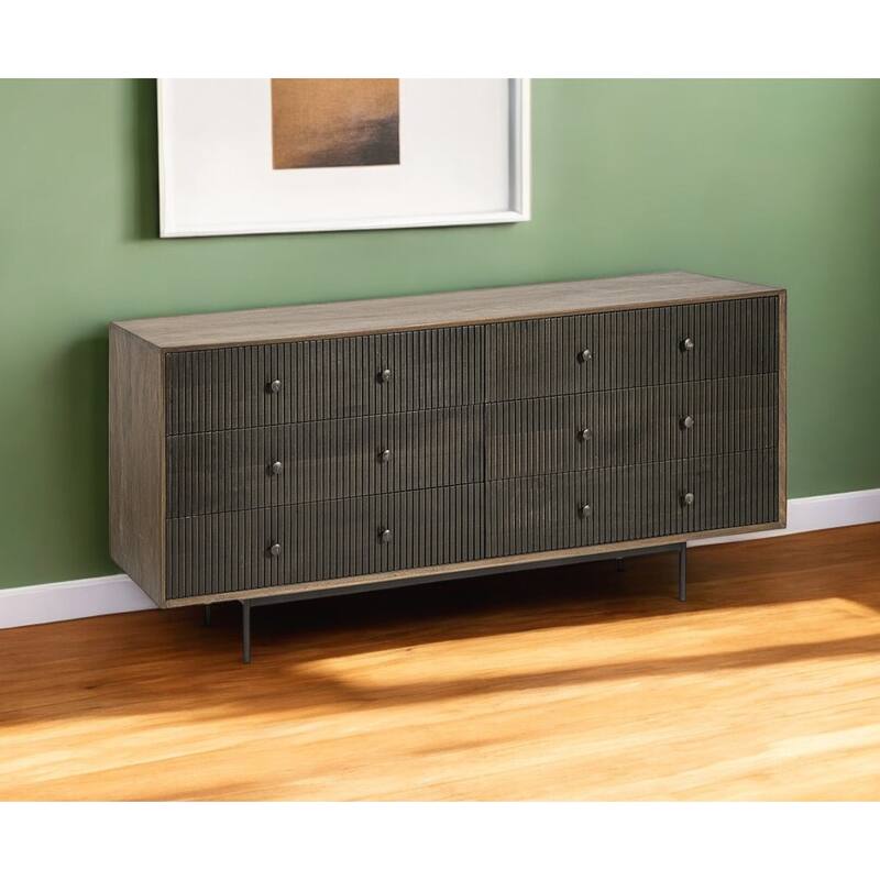 HomeRoots 70" Brown and Black Solid Wood Six Drawer Sideboard - 18' X '31' X '70 - 18' X '31' X '70